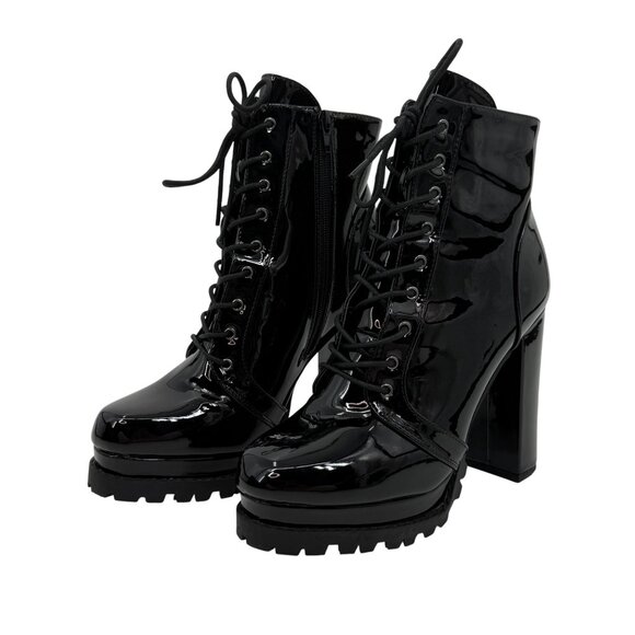 Black Faux Patent Leather Lug Sole Edgy Sexy Baddie Platform Heel Boots 10 - Picture 12 of 16